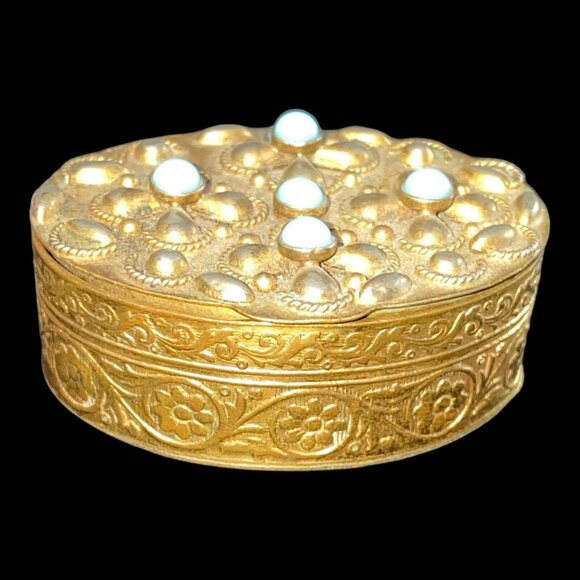 Antique Gold-Tone Brass Trinket Box With Turquoise Accents & Floral Design - Picture 4 of 9